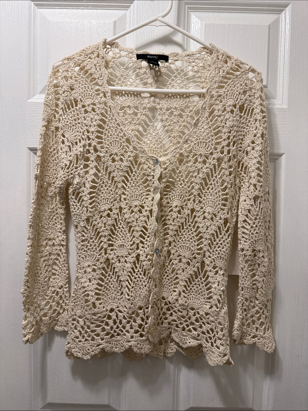 Crochet Openwork Button-Front Cardigan - Cream